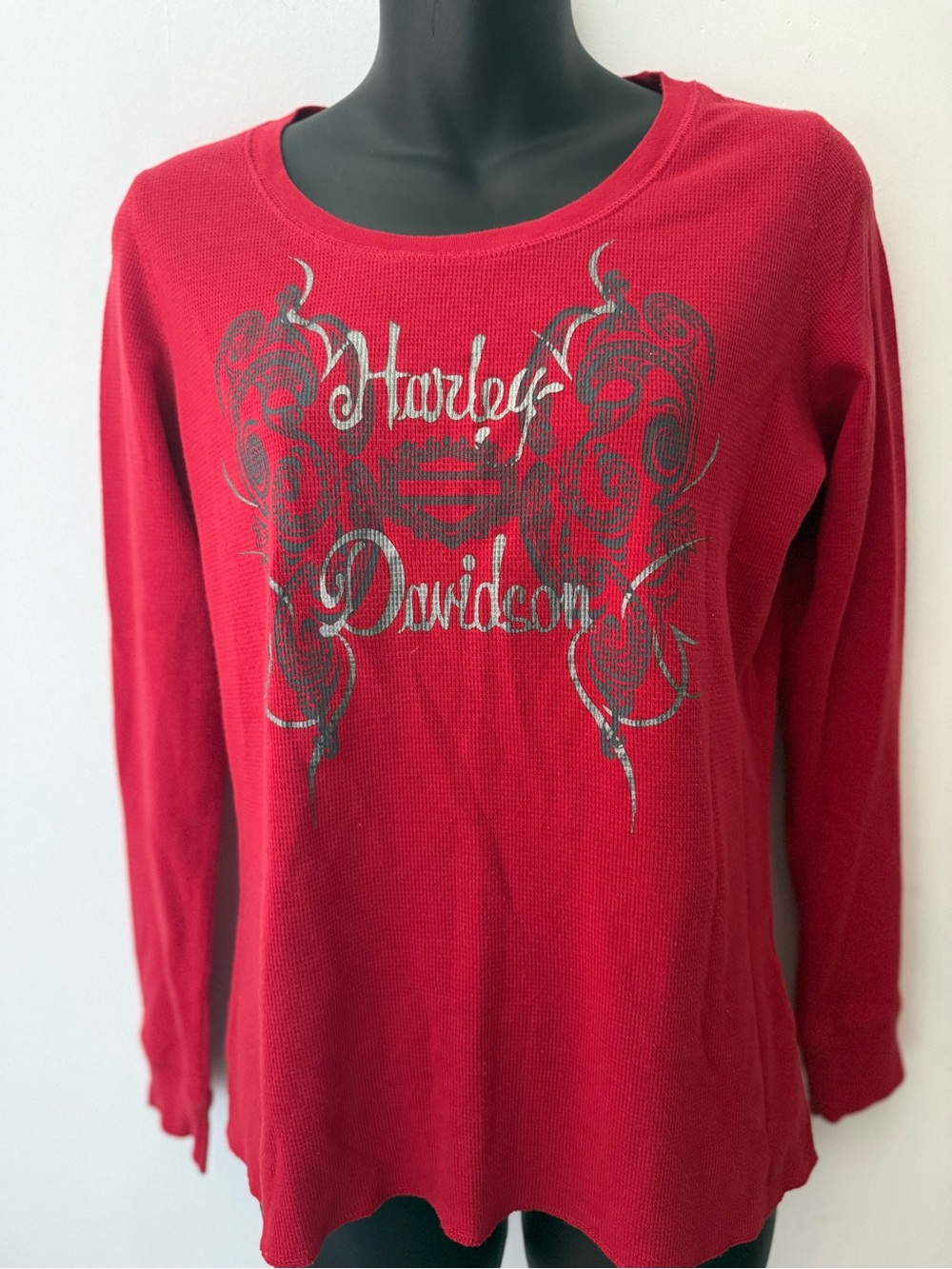 Harley-Davidson Red Long-Sleeve Logo Tee with Silver Graphic